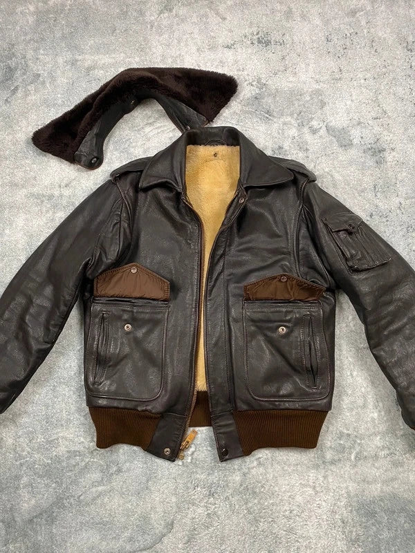 Exclusive 1970s G-1 Leather Flight Jacket in natural brown genuine leather Size M