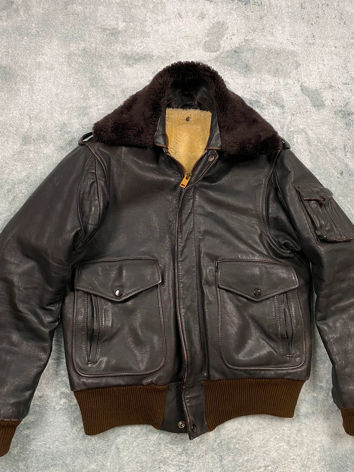 Exclusive 1970s G-1 Leather Flight Jacket in natural brown genuine leather Size M