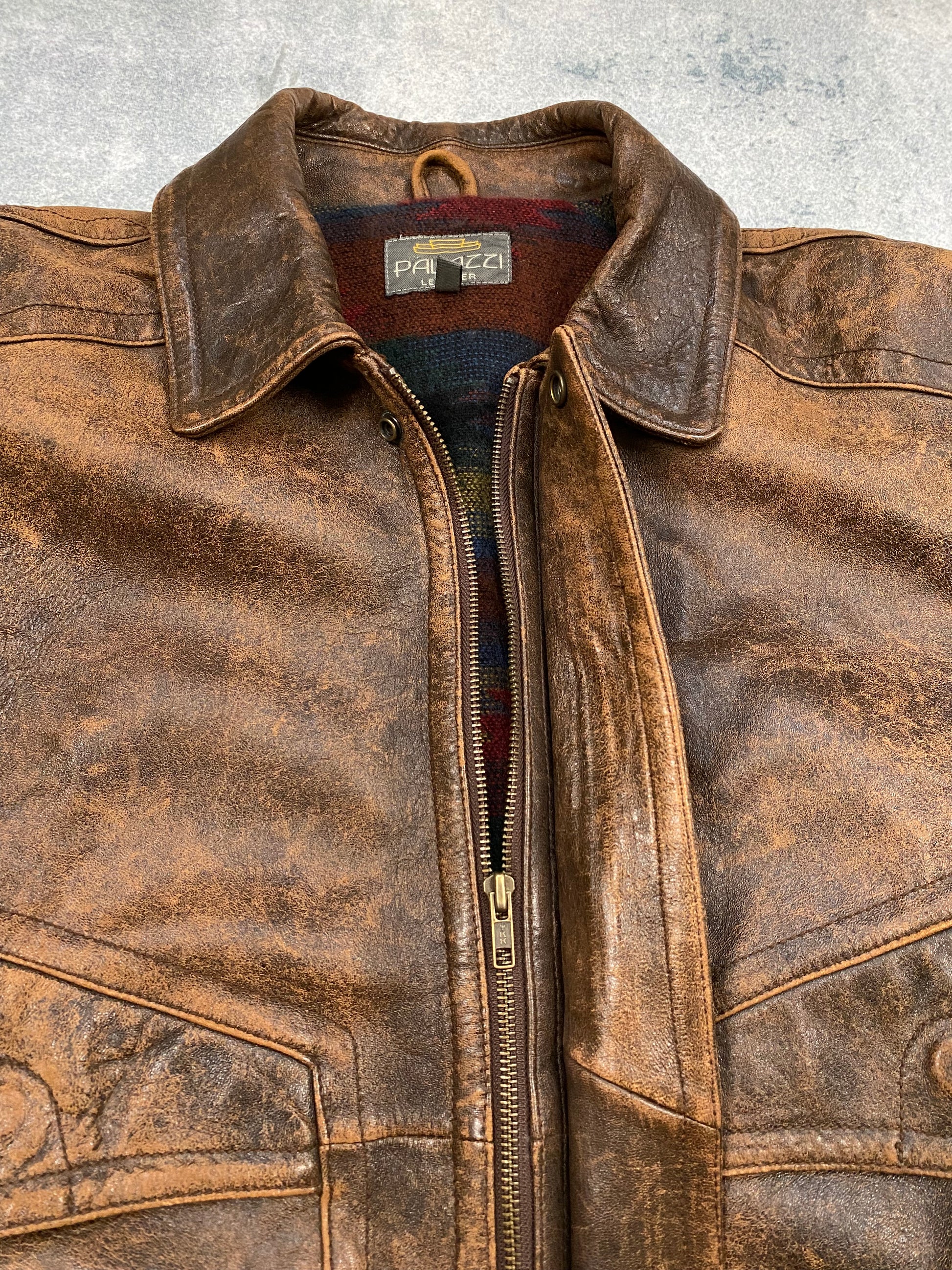 Vintage Real Leather Brown Jacket Bomber Aztec Lined  Size L