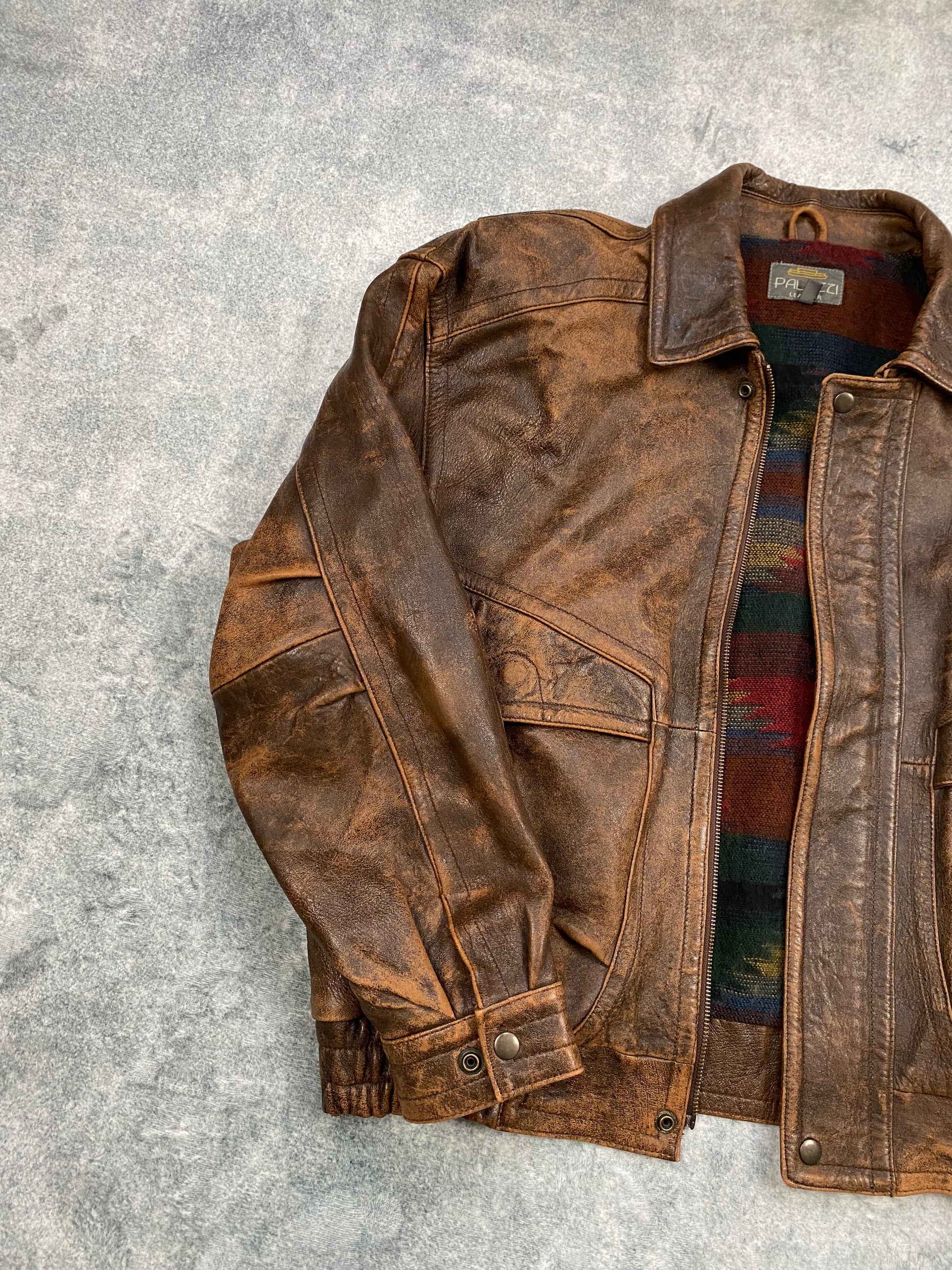 Vintage Real Leather Brown Jacket Bomber Aztec Lined  Size L