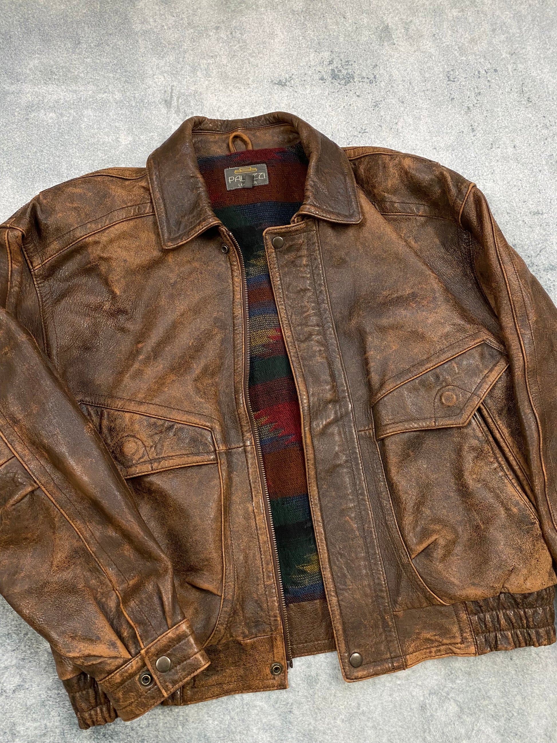 Vintage Real Leather Brown Jacket Bomber Aztec Lined  Size L