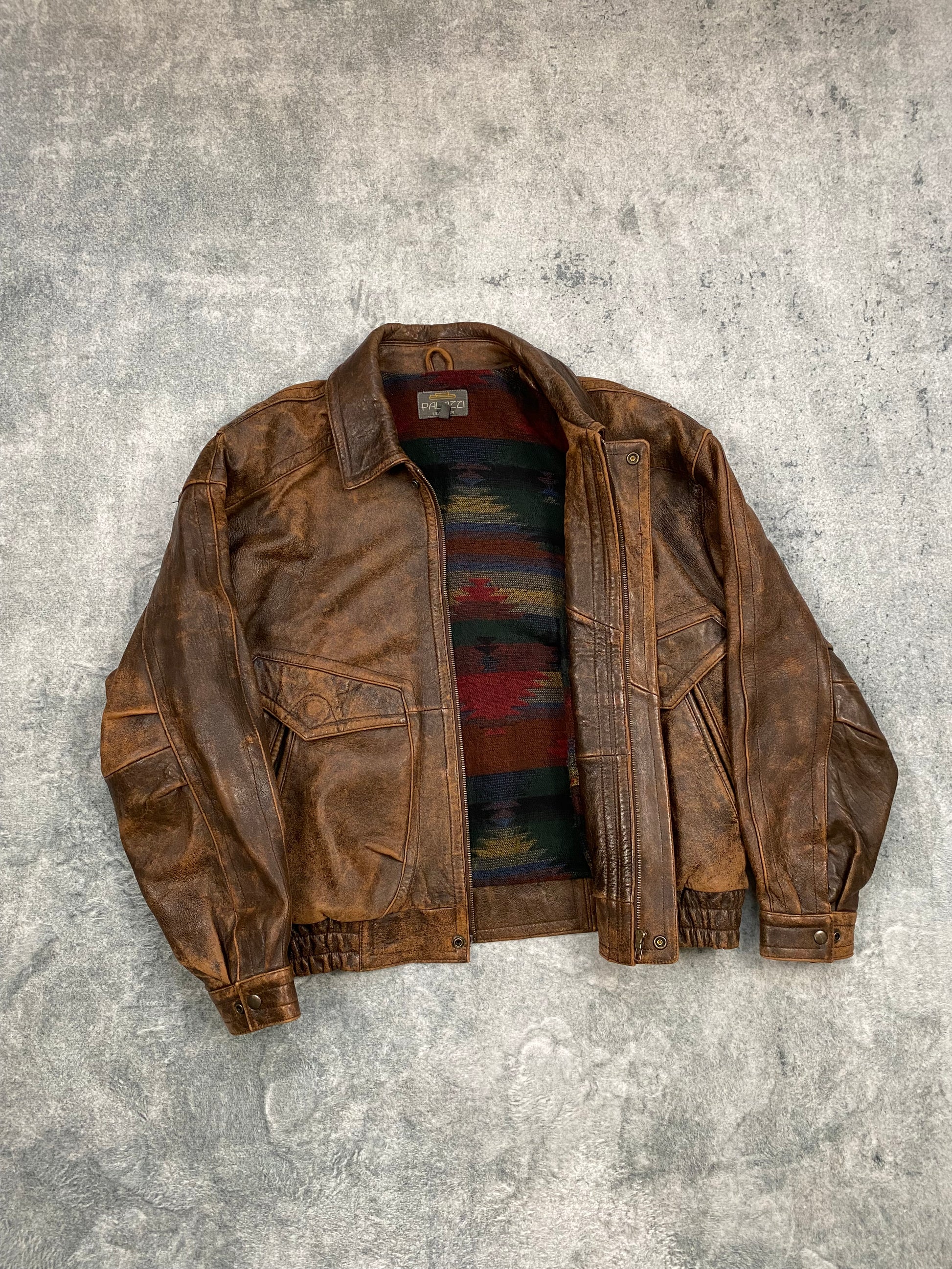 Vintage Real Leather Brown Jacket Bomber Aztec Lined  Size L