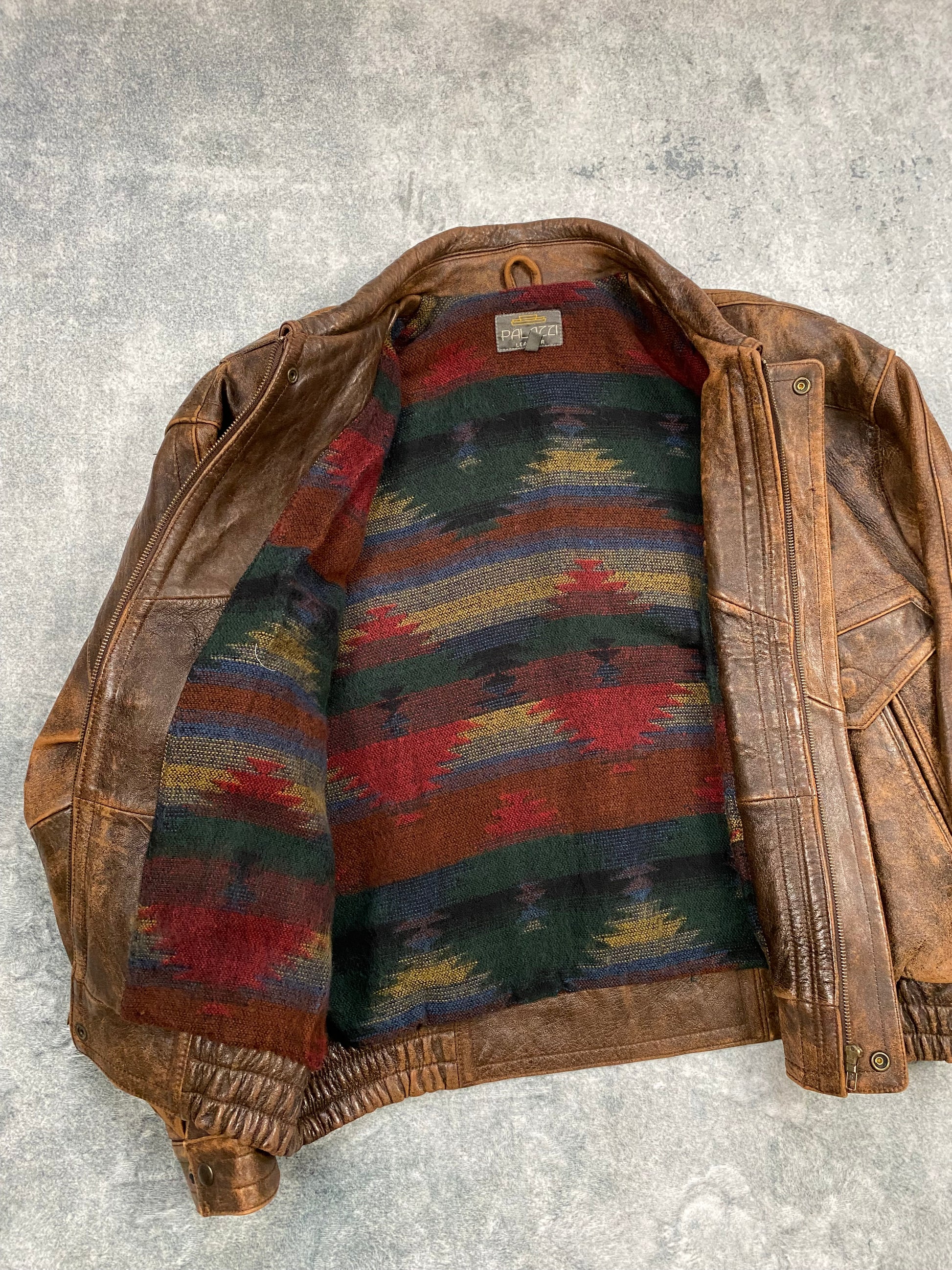 Vintage Real Leather Brown Jacket Bomber Aztec Lined  Size L
