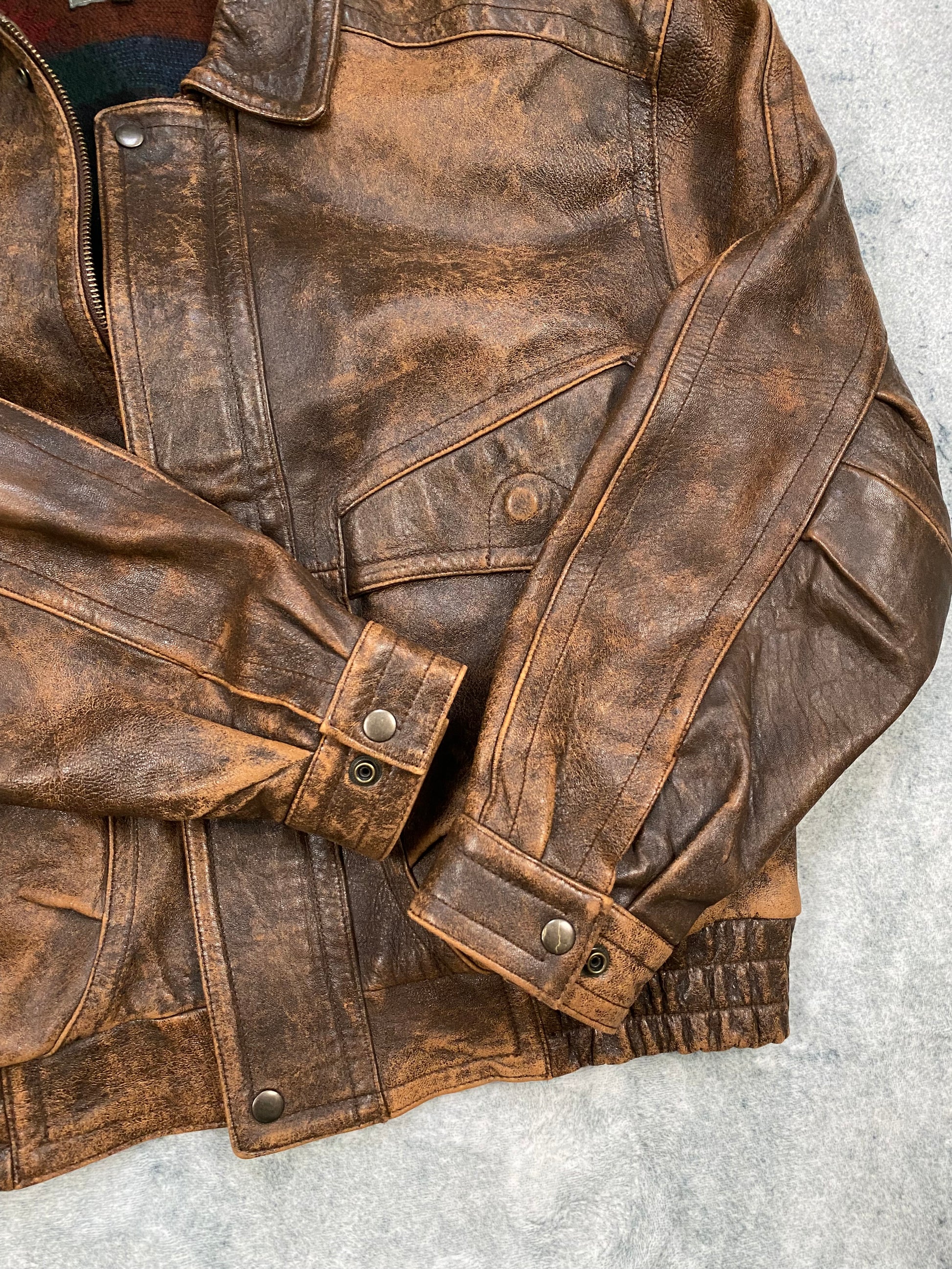 Vintage Real Leather Brown Jacket Bomber Aztec Lined  Size L