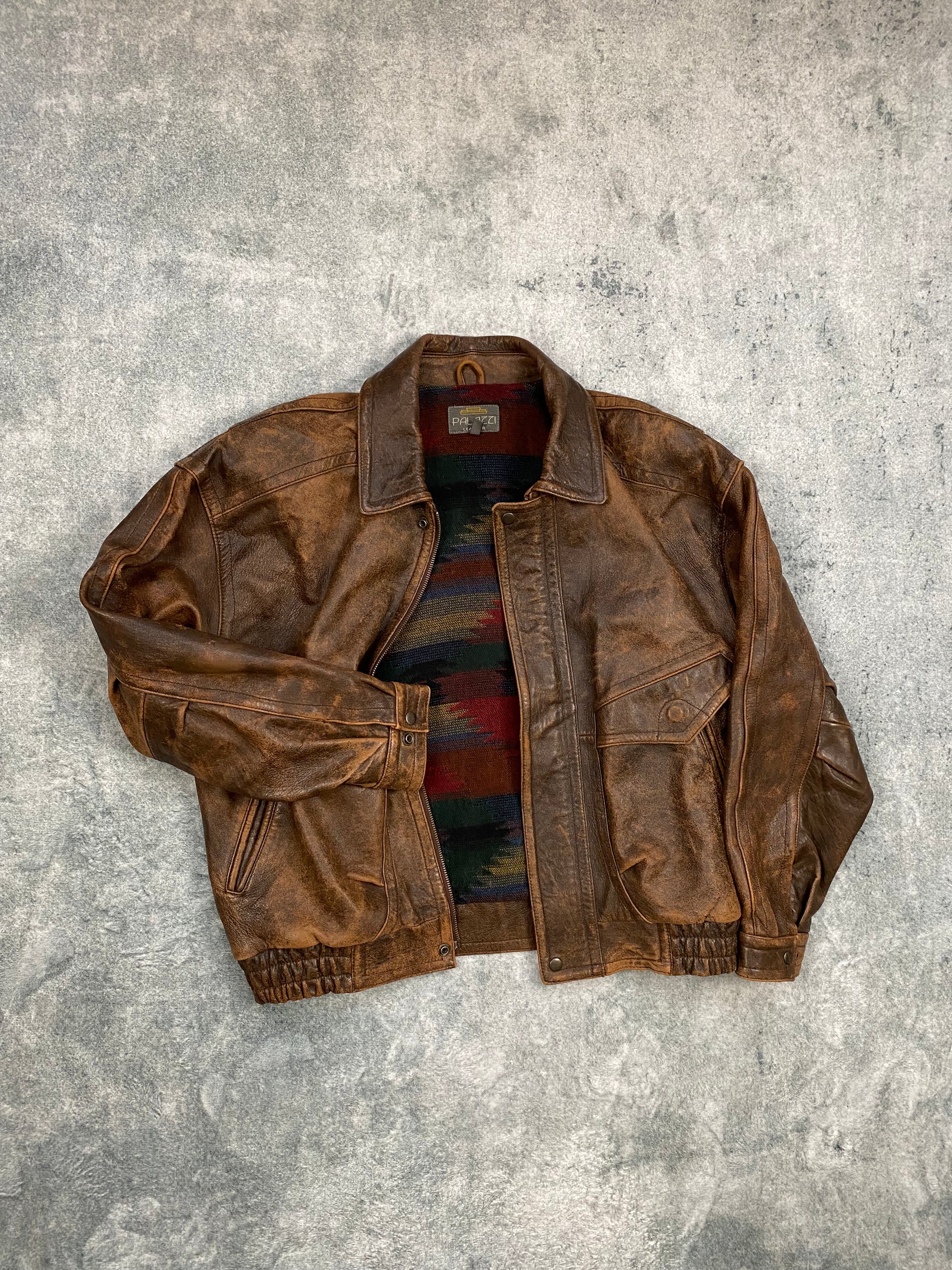 Vintage Real Leather Brown Jacket Bomber Aztec Lined  Size L