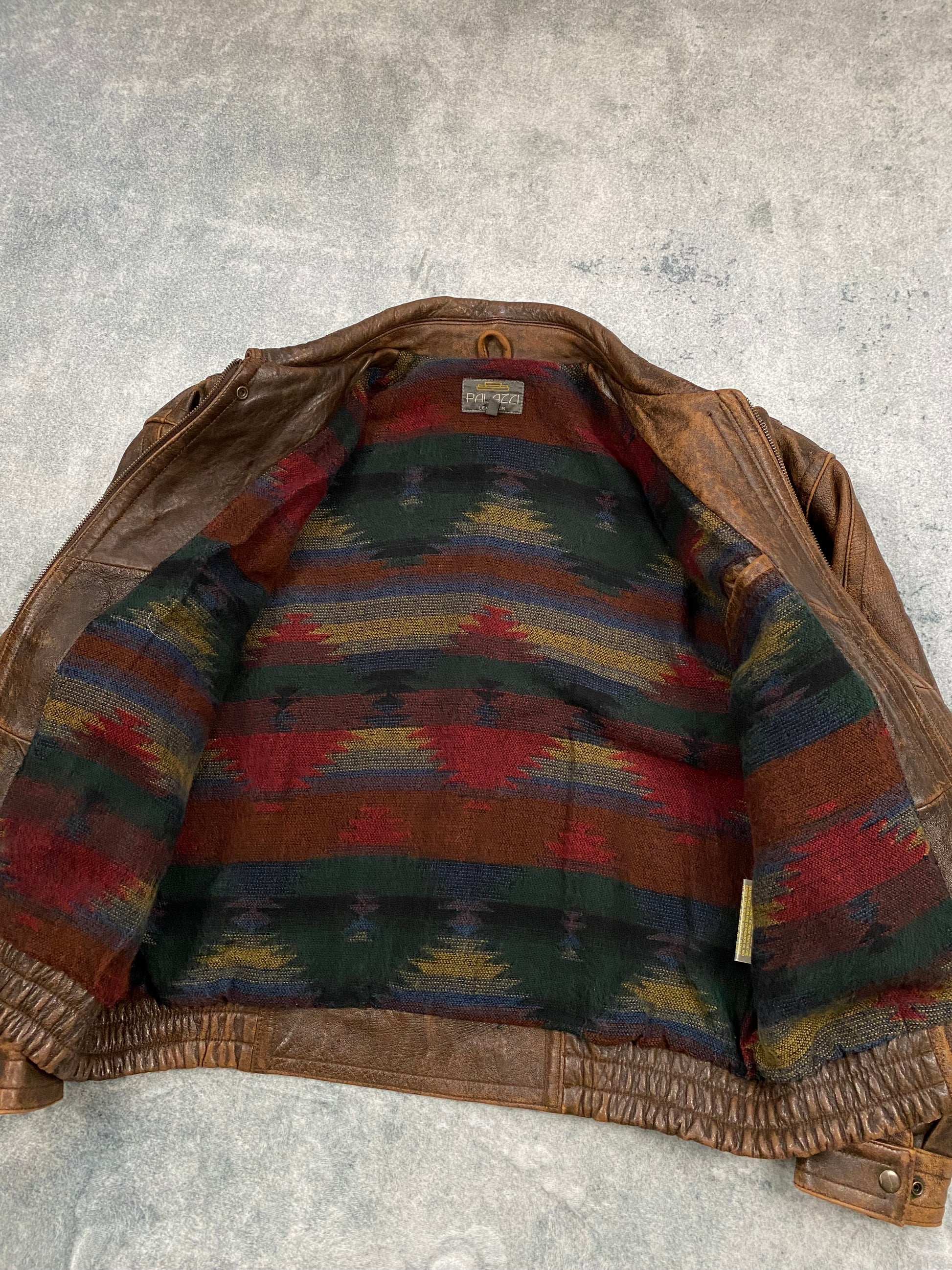 Vintage Real Leather Brown Jacket Bomber Aztec Lined  Size L