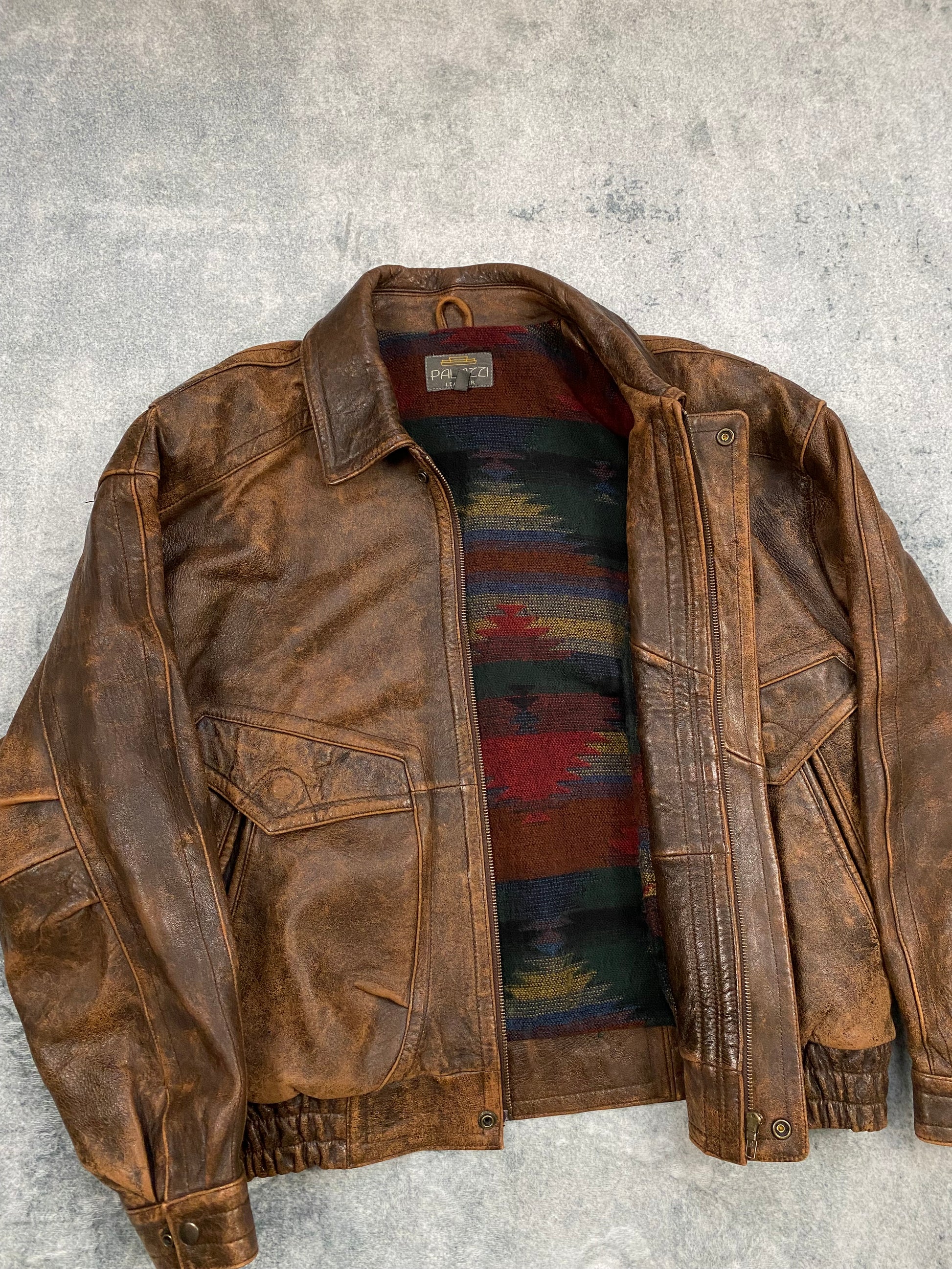 Vintage Real Leather Brown Jacket Bomber Aztec Lined  Size L