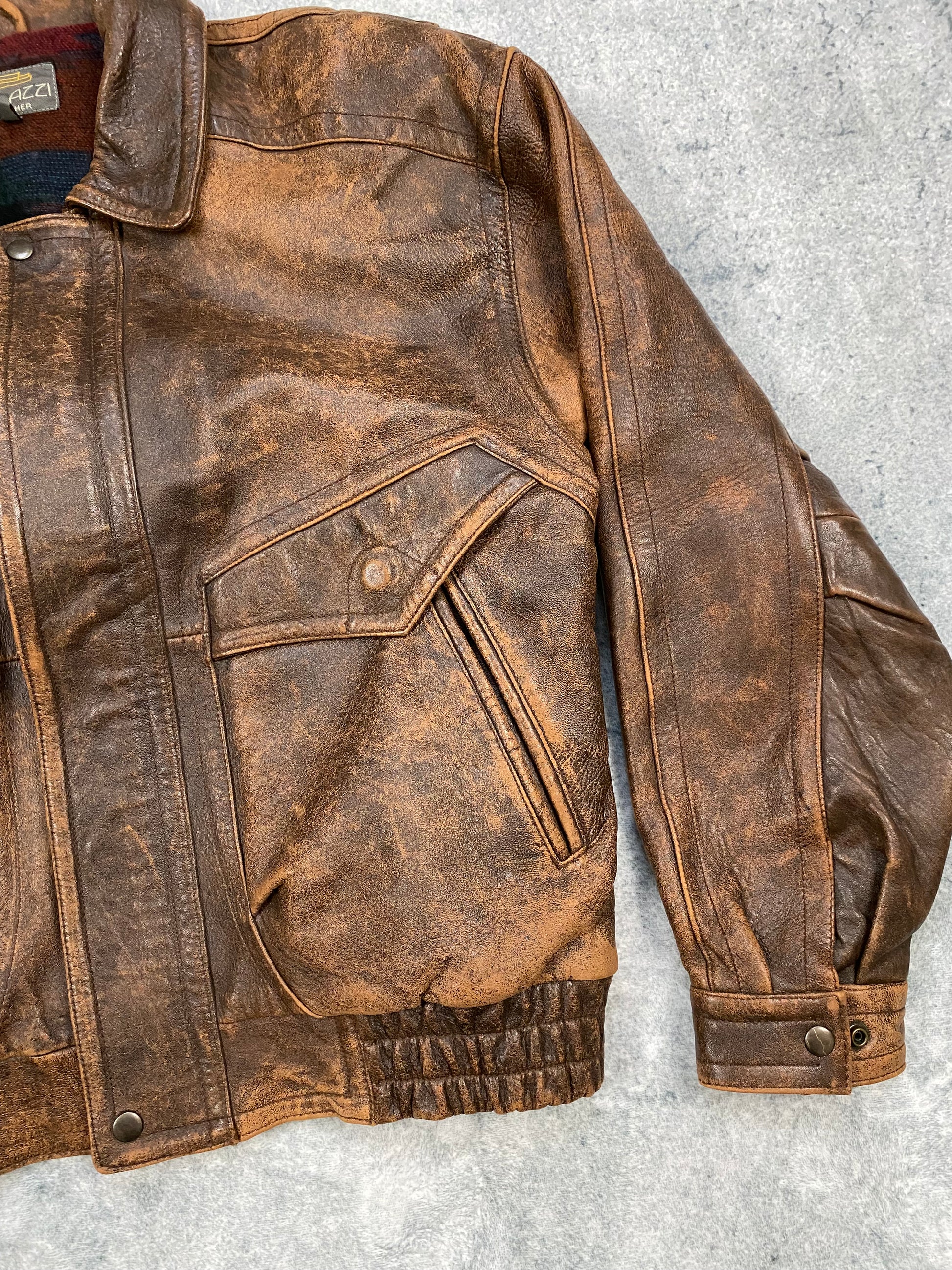 Vintage Real Leather Brown Jacket Bomber Aztec Lined  Size L