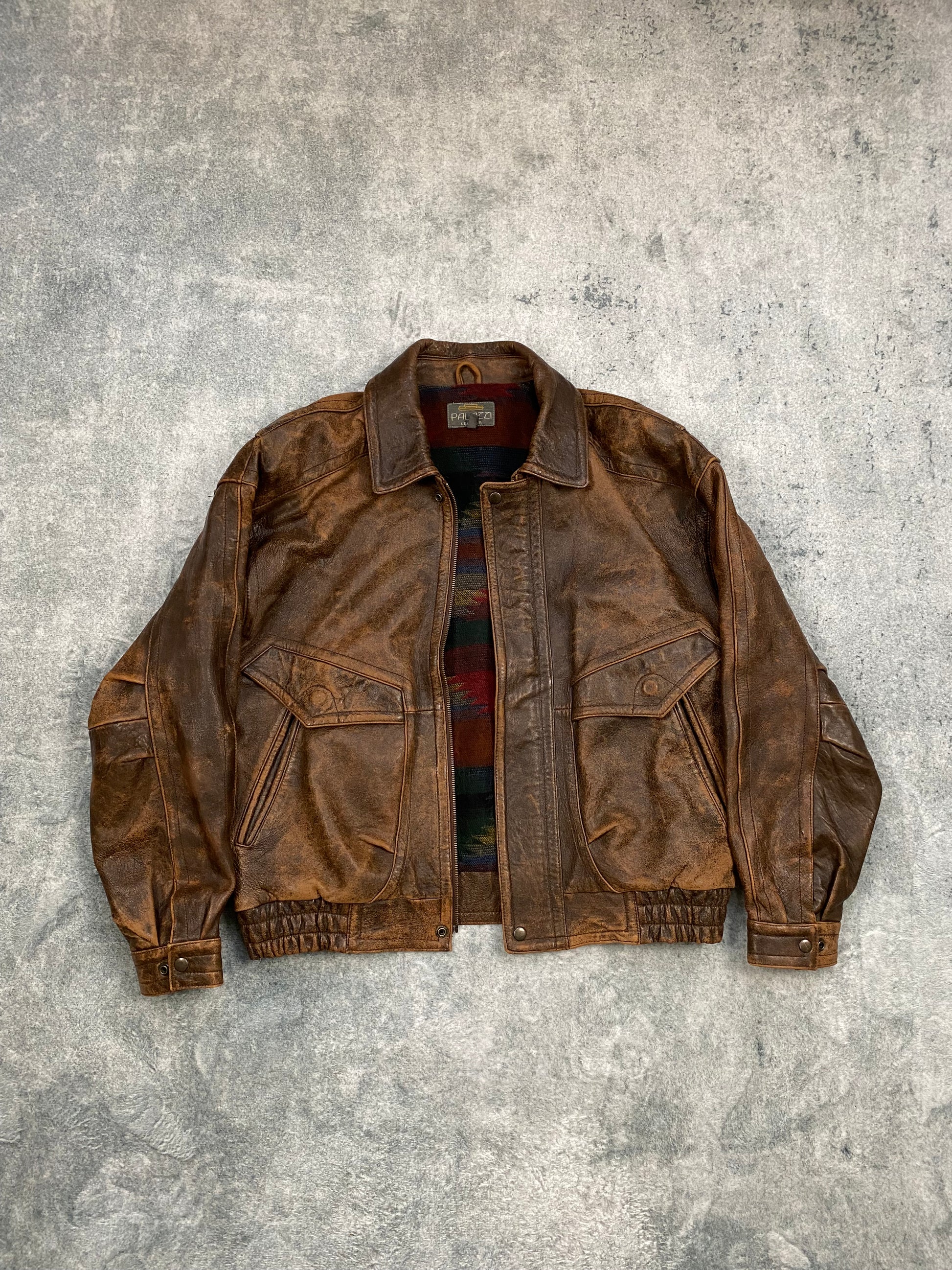 Vintage Real Leather Brown Jacket Bomber Aztec Lined  Size L
